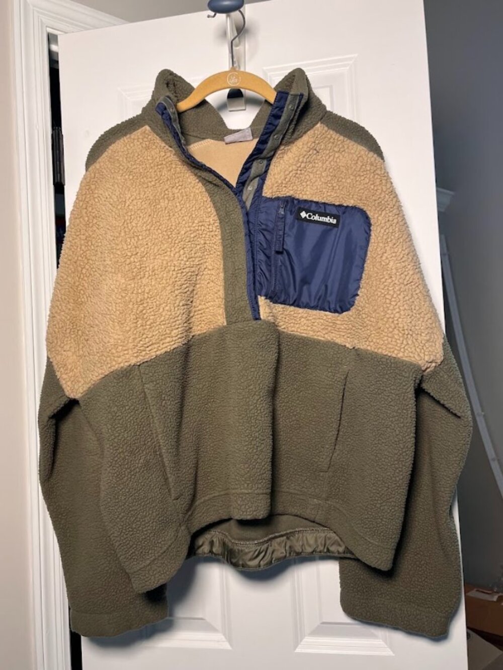 Columbia Women’s XL Sherpa Fleece Pullover Snap Placket Colorblock Green Tan Blu